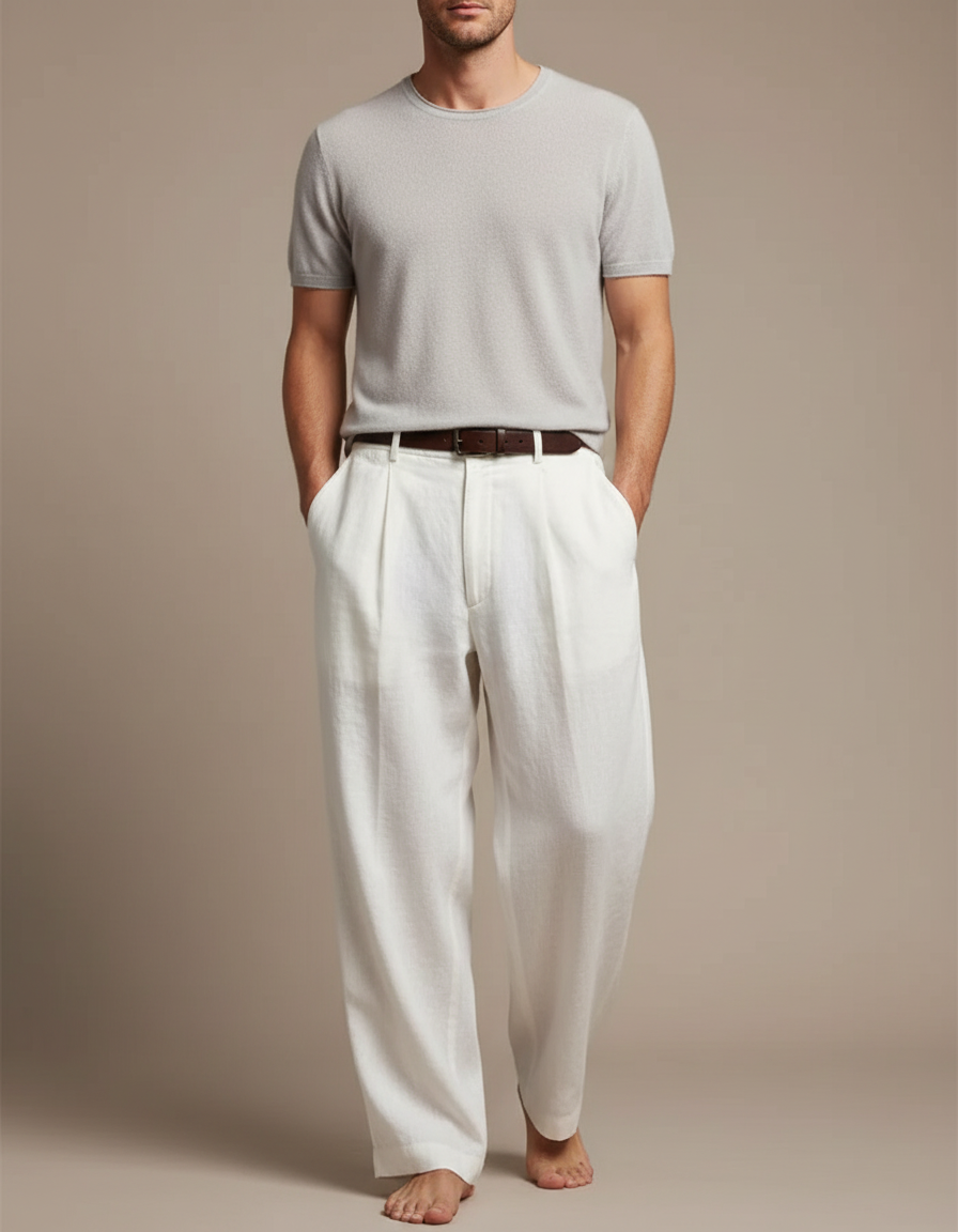 Pantalon Fluide Blanc Lin Plissé Droit Décontracté Homme