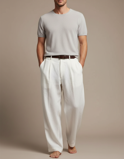 Pantalon Fluide Blanc Lin Plissé Droit Décontracté Homme