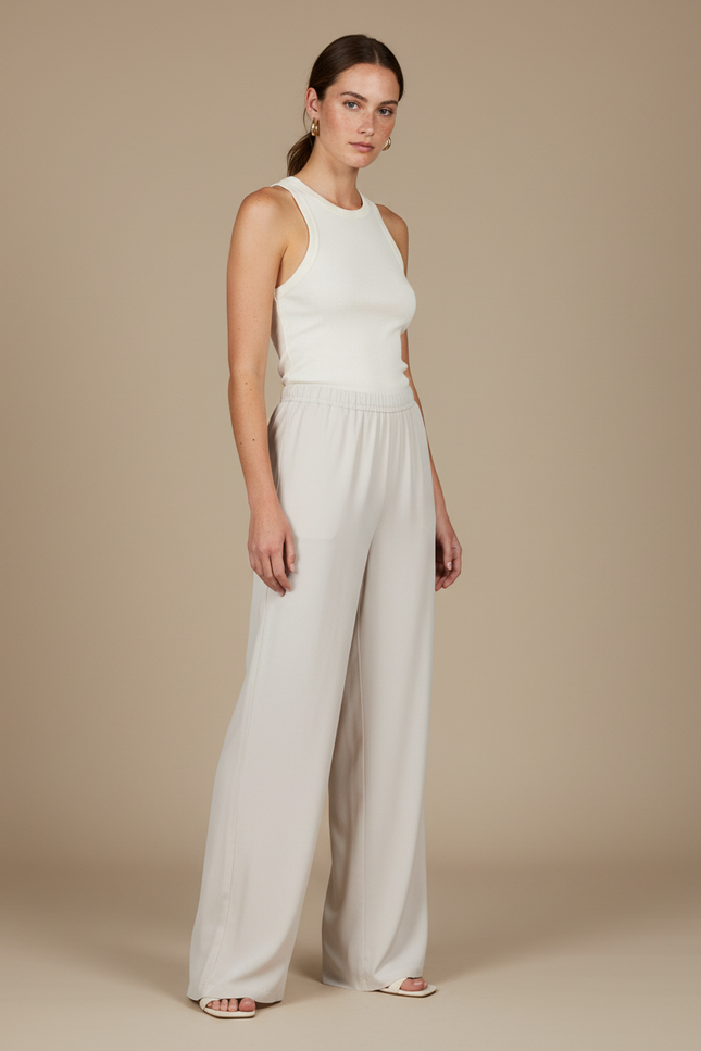 Pantalon Fluide Écru Ample Taille Élastiquée Élégant - Beige Viscose