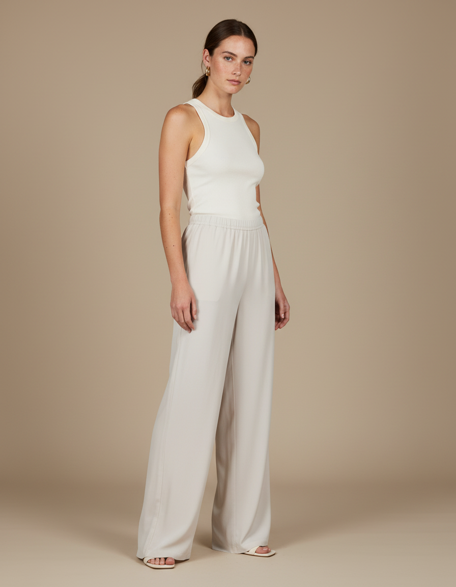 Pantalon Fluide Écru Ample Taille Élastiquée Élégant - Beige Viscose