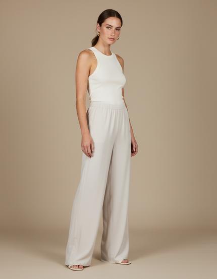 Pantalon Fluide Écru Ample Taille Élastiquée Élégant - Beige Viscose
