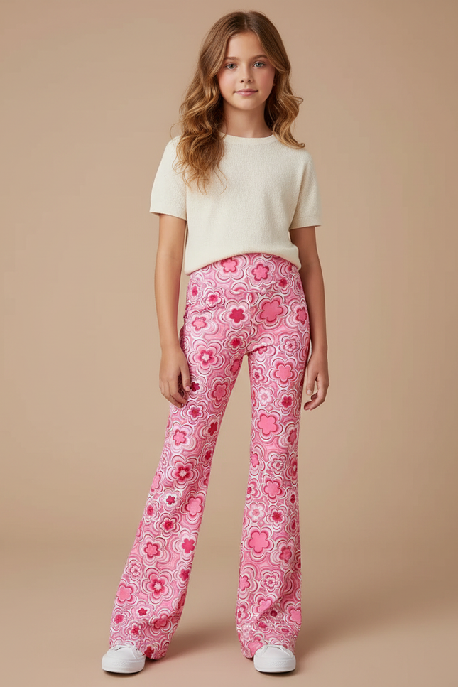 Pantalon Fluide Rose Floral Évasé Y2K Imprimé - Polyester