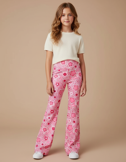 Pantalon Fluide Rose Floral Évasé Y2K Imprimé - Polyester