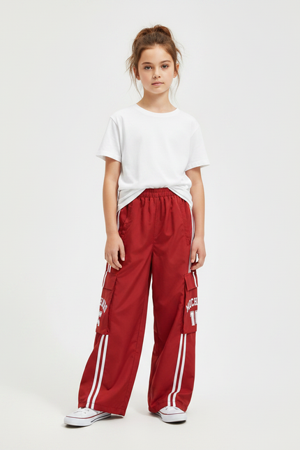 Pantalon Fluide Rouge Cargo Ample Rayures Blanches - Polyester