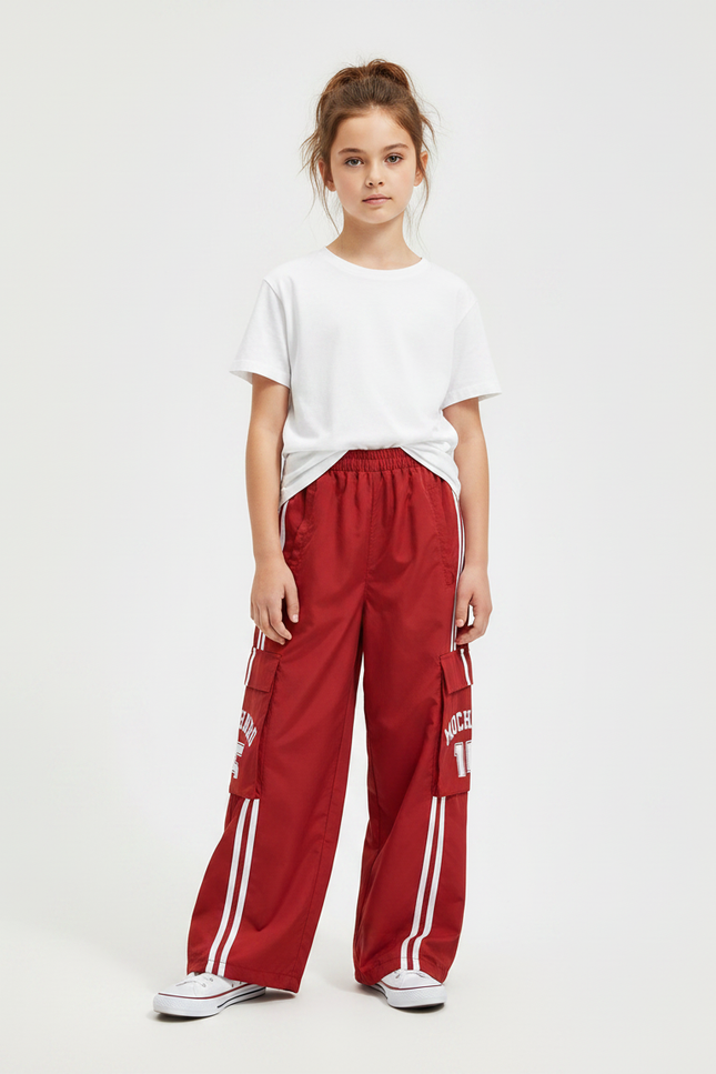 Pantalon Fluide Rouge Cargo Ample Rayures Blanches - Polyester
