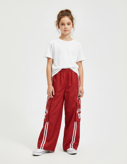Pantalon Fluide Rouge Cargo Ample Rayures Blanches - Polyester