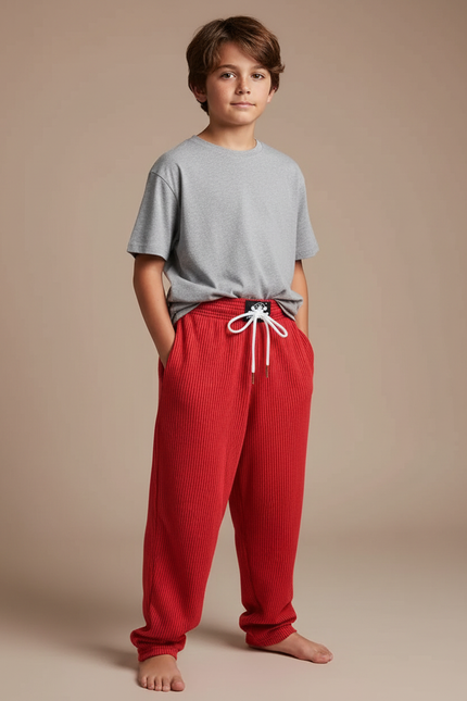 Pantalon Fluide Rouge Côtelé Décontracté Enfant Ample - Maille