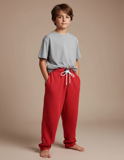 Pantalon Fluide Rouge Côtelé Décontracté Enfant Ample - Maille
