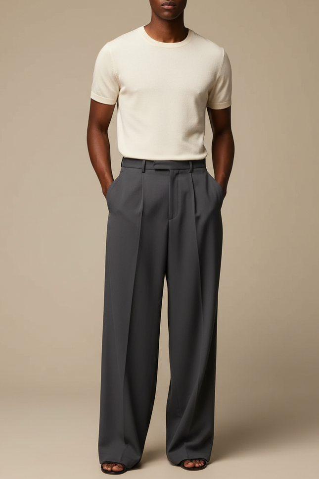 Pantalon Fluide Gris Anthracite Ample Plissé Viscose