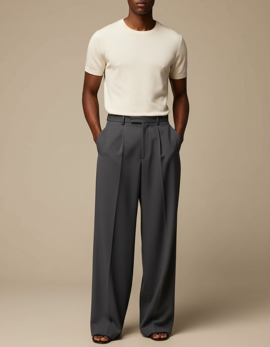 Pantalon Fluide Gris Anthracite Ample Plissé Viscose