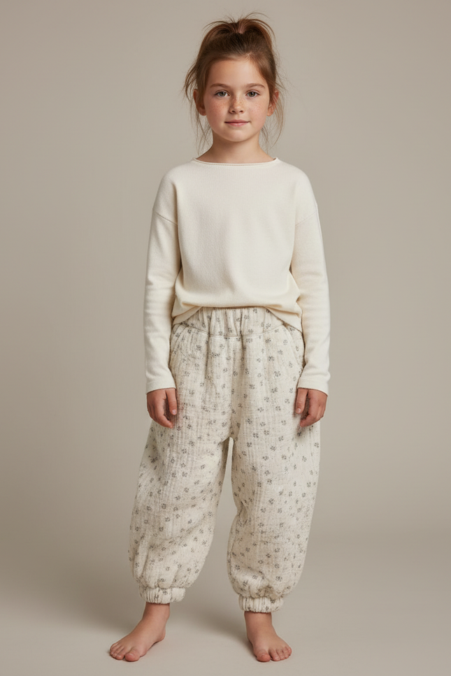 Pantalon Fluide Écru Imprimé Floral Bouffant Coton - Beige