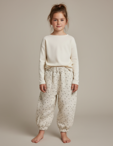 Pantalon Fluide Écru Imprimé Floral Bouffant Coton - Beige