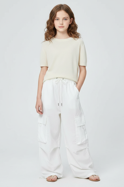 Pantalon Fluide Blanc Ample Cargo Cordon Fille - Polyester