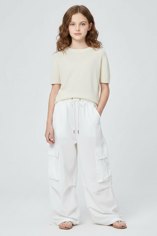 Pantalon Fluide Blanc Ample Cargo Cordon Fille - Polyester