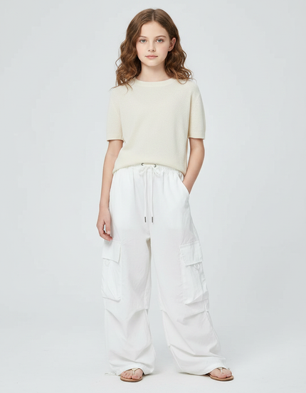 Pantalon Fluide Blanc Ample Cargo Cordon Fille - Polyester