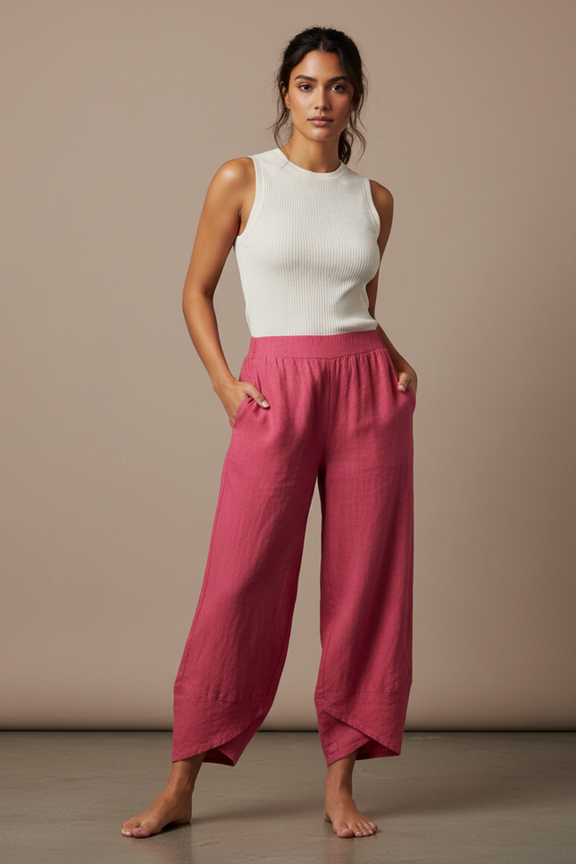 Pantalon Fluide Rose Lin Ample Décontracté Estival