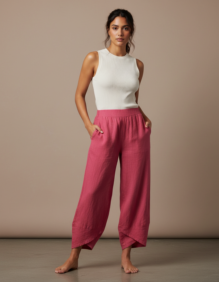 Pantalon Fluide Rose Lin Ample Décontracté Estival