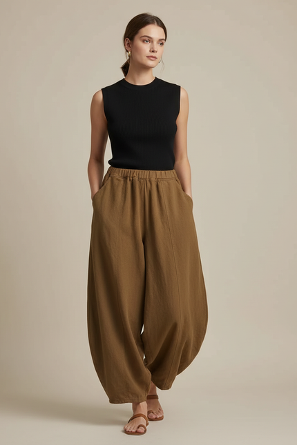 Pantalon Fluide Marron Ample Coton Lin Élégant - Kaki