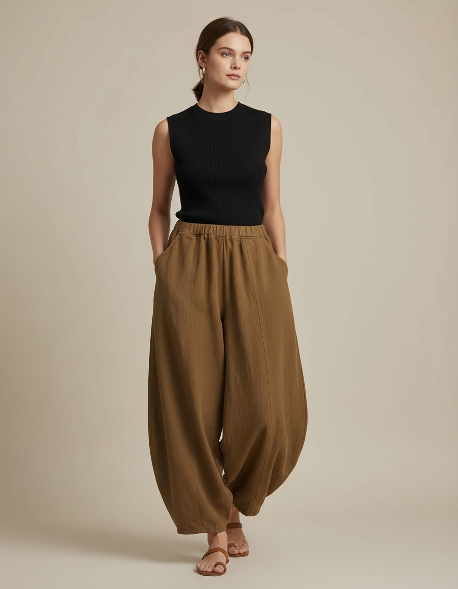 Pantalon Fluide Marron Ample Coton Lin Élégant - Kaki