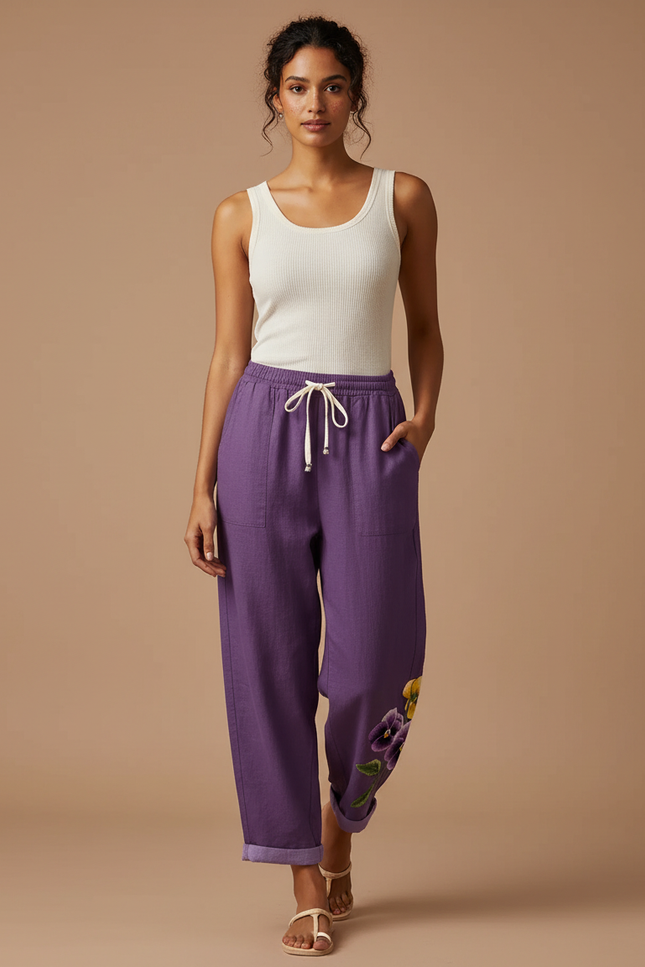 Pantalon Fluide Violet Lin Ample Imprimé Floral