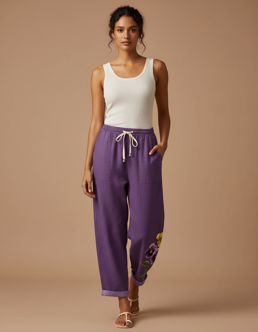 Pantalon Fluide Violet Lin Ample Imprimé Floral