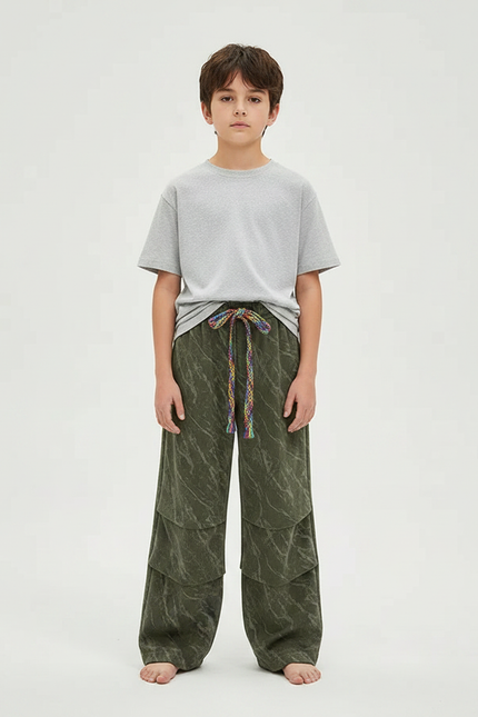 Pantalon Fluide Vert Ample Superposé Arc-en-ciel Enfant - Kaki Molleton