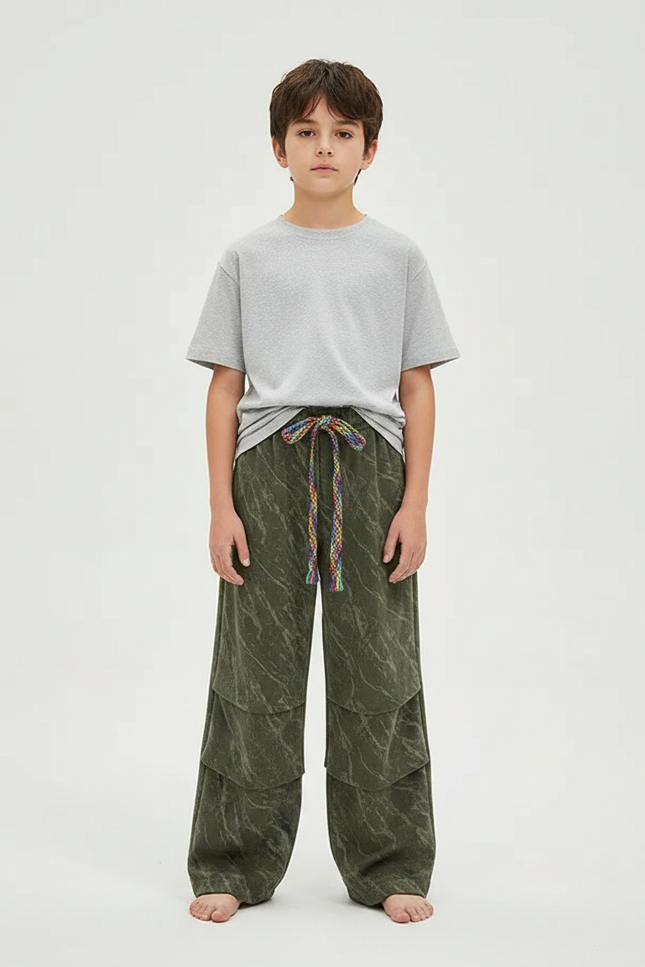 Pantalon Fluide Vert Ample Superposé Arc-en-ciel Enfant - Kaki Molleton