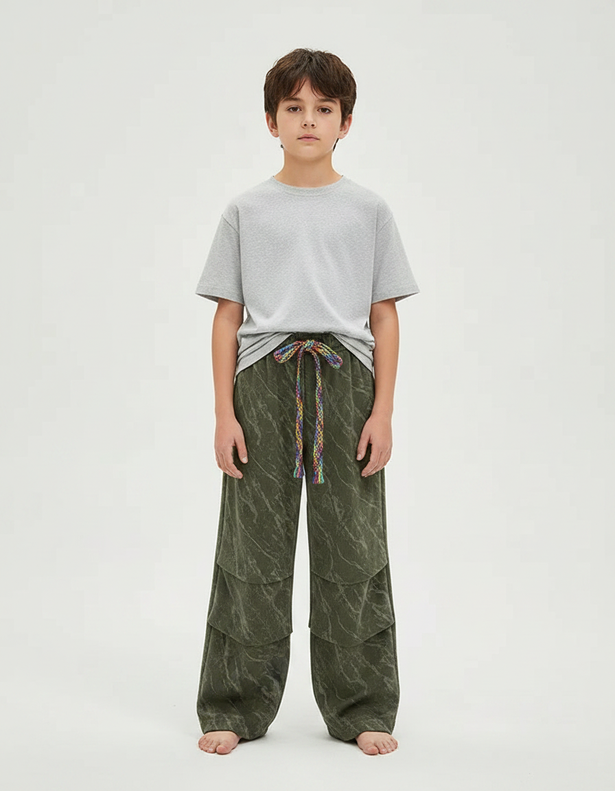 Pantalon Fluide Vert Ample Superposé Arc-en-ciel Enfant - Kaki Molleton