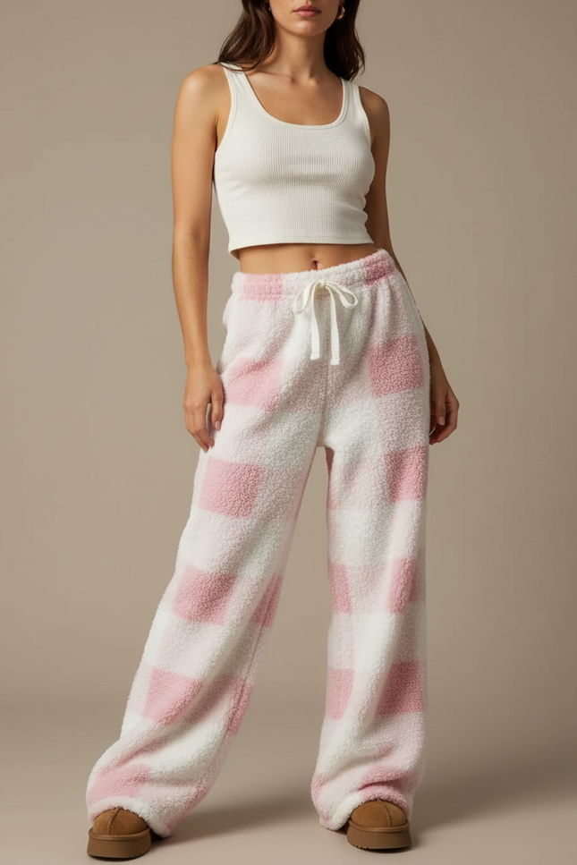 Pantalon Fluide Carreaux Rose Blanc Polaire Ample - Multicolore Molleton