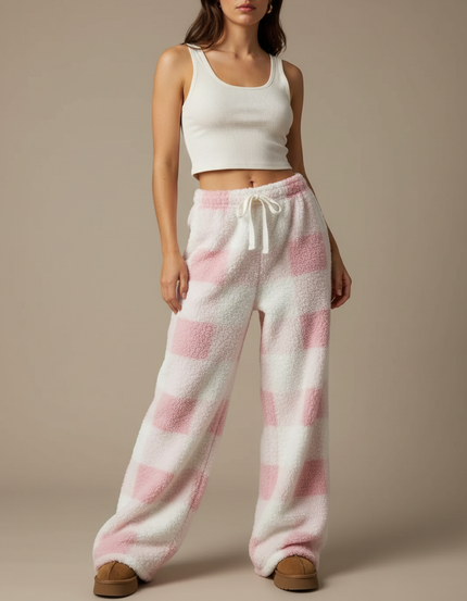 Pantalon Fluide Carreaux Rose Blanc Polaire Ample - Multicolore Molleton