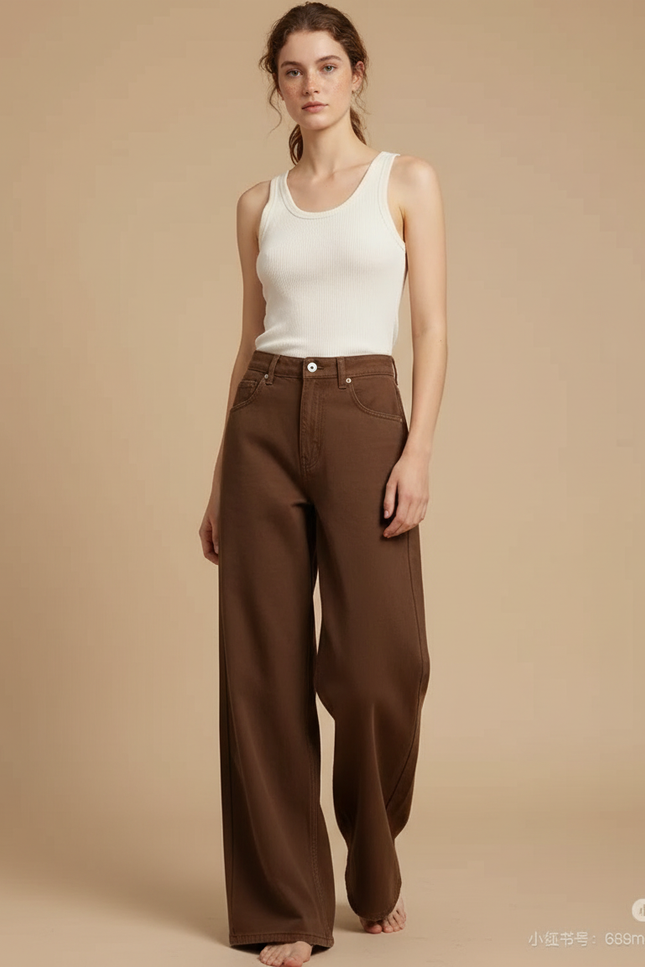Pantalon Fluide Marron Ample Taille Haute Droit - Jean