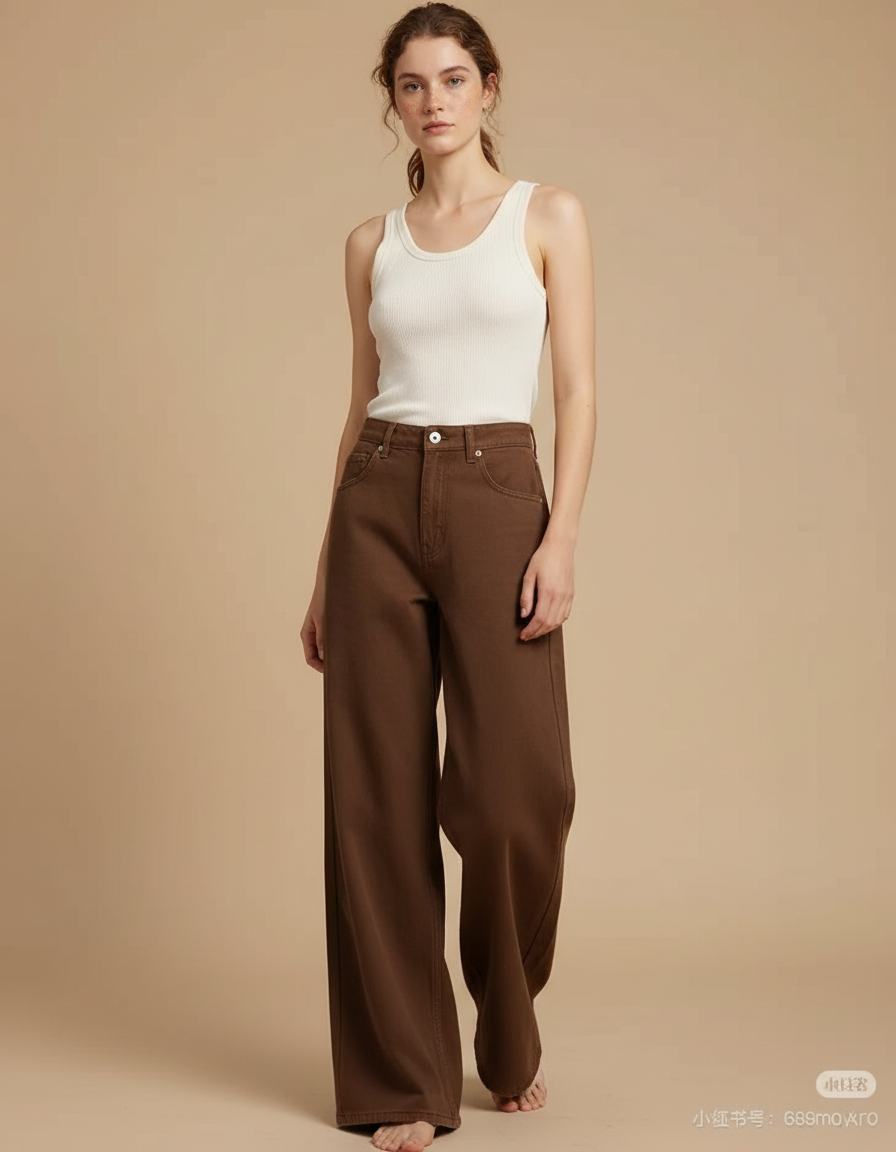 Pantalon Fluide Marron Ample Taille Haute Droit - Jean
