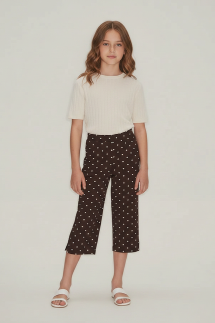 Pantalon Fluide Marron Ample Pois Blancs Fille - Viscose