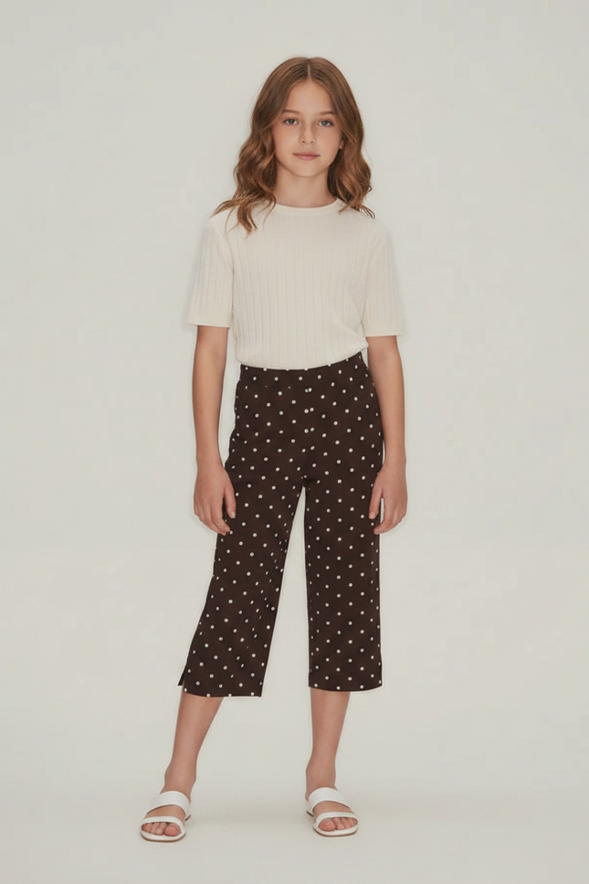 Pantalon Fluide Marron Ample Pois Blancs Fille - Viscose