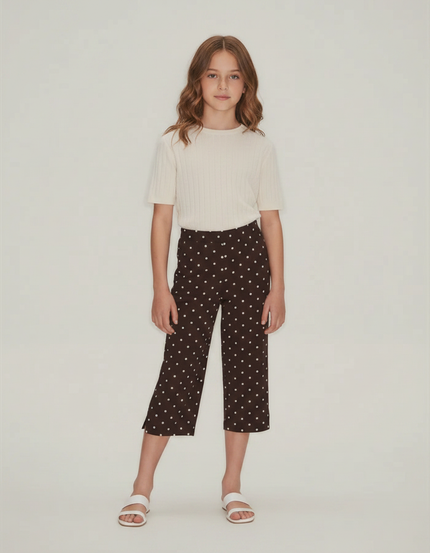 Pantalon Fluide Marron Ample Pois Blancs Fille - Viscose