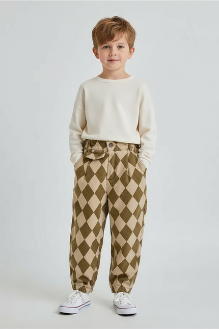 Pantalon Fluide Écru Carreaux Losanges Ample Coton Garçon - Imprimé