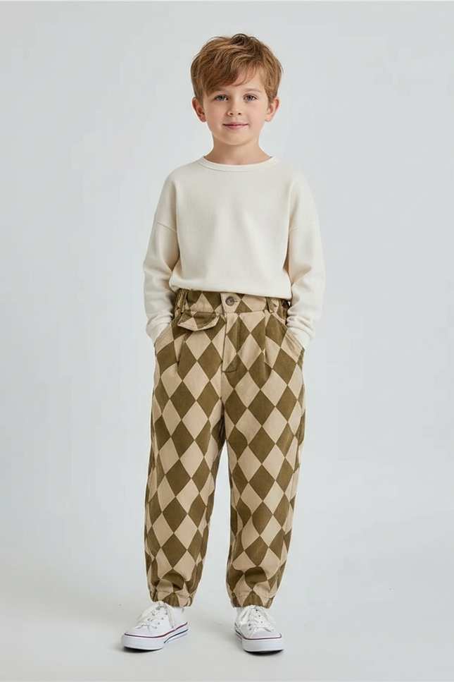 Pantalon Fluide Écru Carreaux Losanges Ample Coton Garçon - Imprimé