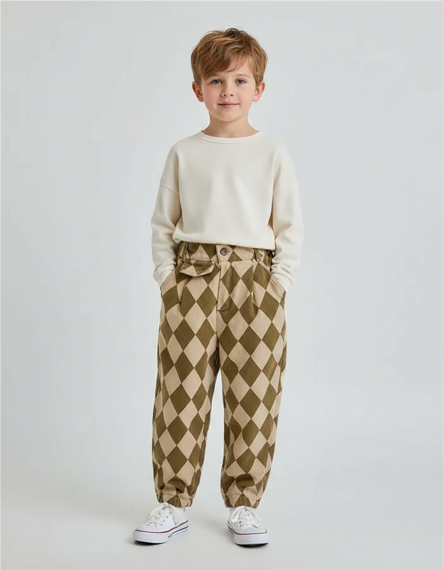Pantalon Fluide Écru Carreaux Losanges Ample Coton Garçon - Imprimé