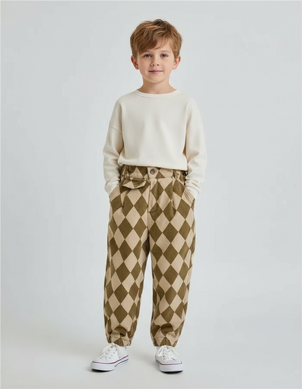 Pantalon Fluide Écru Carreaux Losanges Ample Coton Garçon - Imprimé