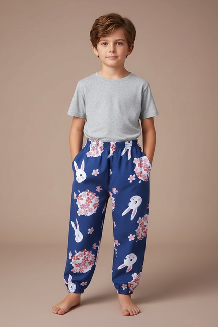 Pantalon Fluide Bleu Lapins Fleurs Ample Enfant - Viscose