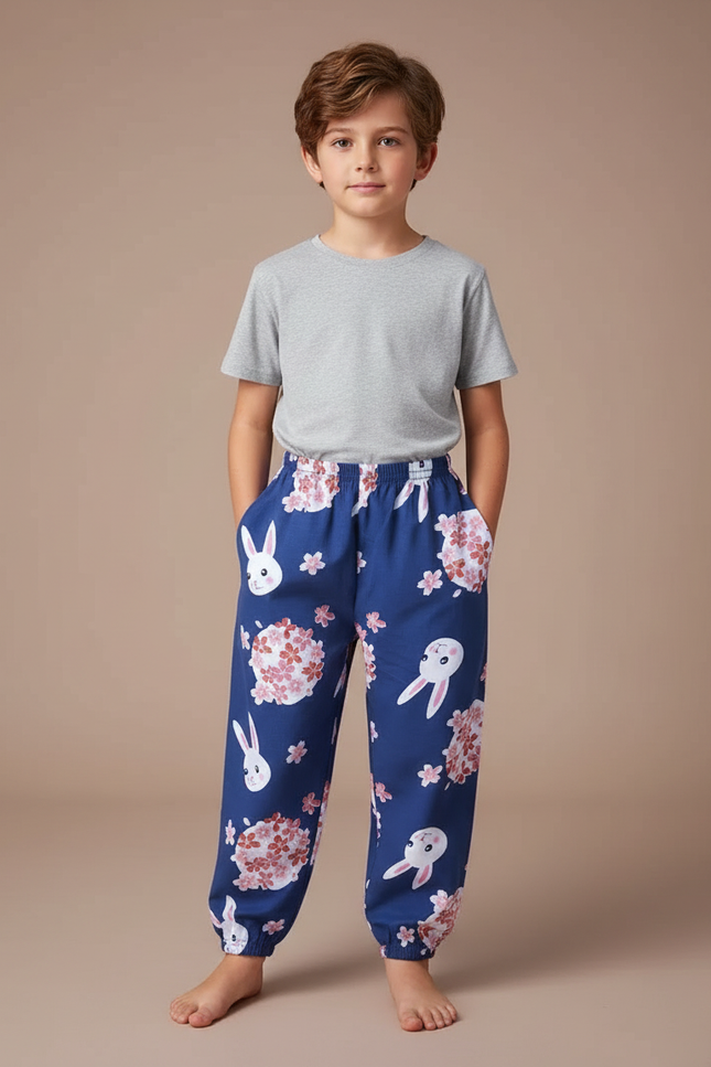Pantalon Fluide Bleu Lapins Fleurs Ample Enfant - Viscose