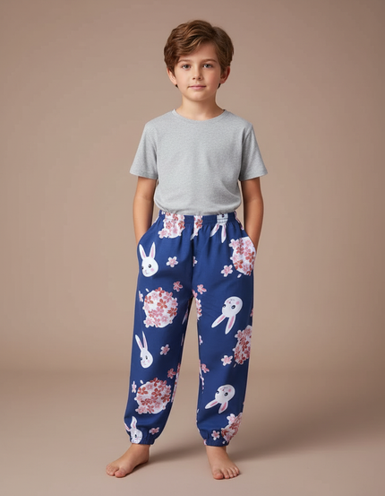 Pantalon Fluide Bleu Lapins Fleurs Ample Enfant - Viscose