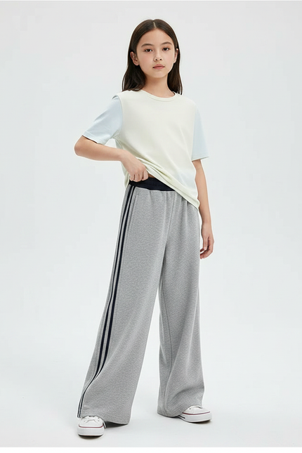 Pantalon Fluide Gris Ample Rayures Latérales Fille - Molleton