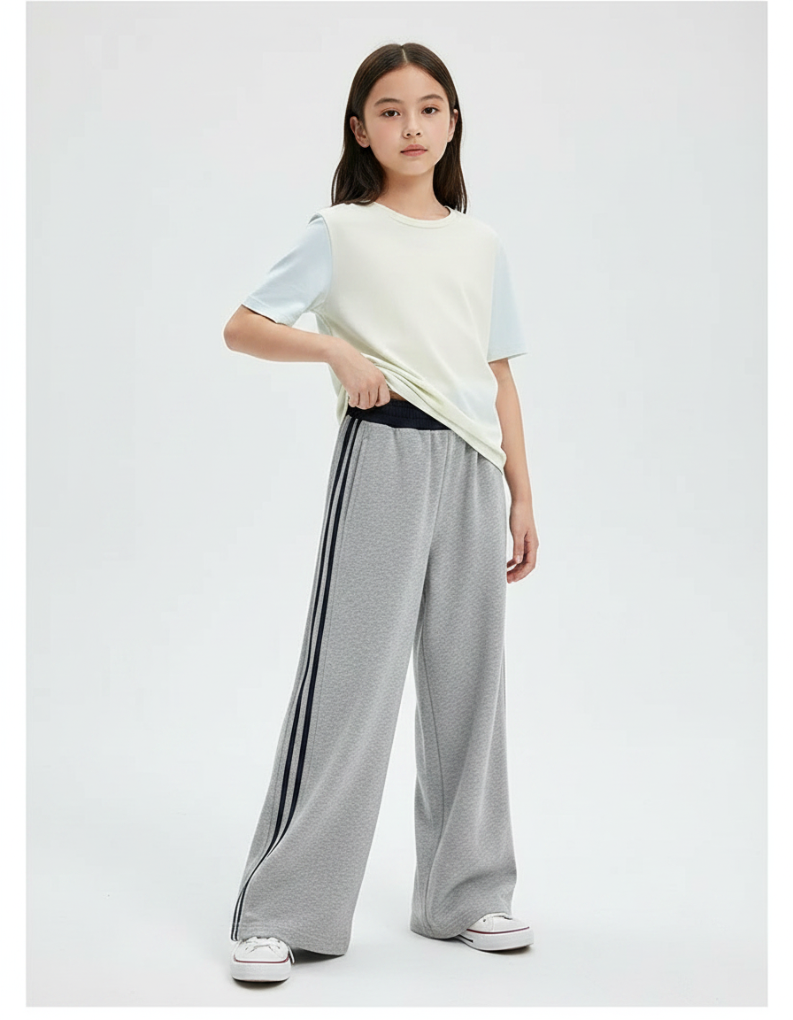 Pantalon Fluide Gris Ample Rayures Latérales Fille - Molleton