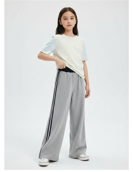 Pantalon Fluide Gris Ample Rayures Latérales Fille - Molleton