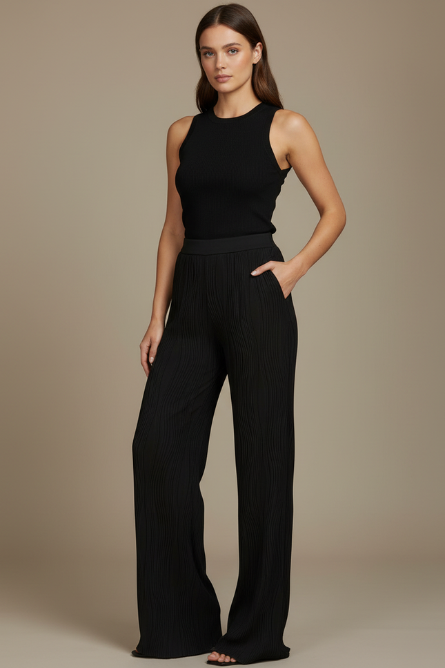 Pantalon Fluide Noir Plissé Ample Confortable Élégant - Polyester
