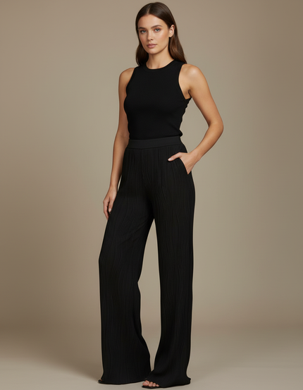 Pantalon Fluide Noir Plissé Ample Confortable Élégant - Polyester