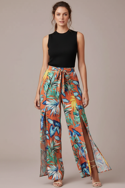 Pantalon Fluide Orange Imprimé Tropical Fendu Bohème - Viscose