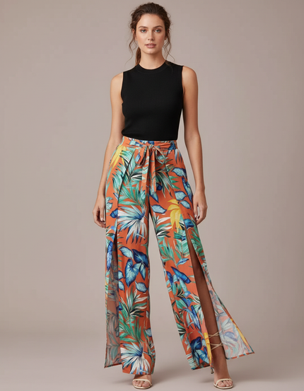 Pantalon Fluide Orange Imprimé Tropical Fendu Bohème - Viscose