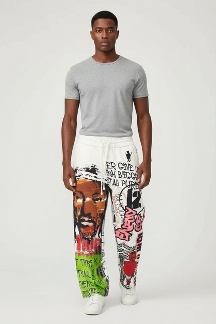 Pantalon Fluide Blanc Imprimé Graffiti Ample Décontracté Homme - Molleton